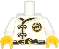 Torso Ninjago Robe with Gold Frog Clasps, Black Sash and Gold Sensei Wu Emblem Front and Back Pattern / White Arms / Yellow Hands