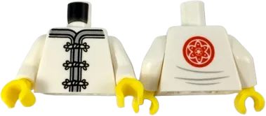 Torso Ninjago Robe with Gray Trim, White Frog Clasps and Red Flower Medallion and Light Bluish Gray Lines on Back Pattern / White Arms / Yellow Hands