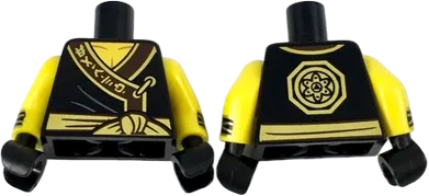 Torso Ninjago Robe with Ninjago Logogram &#39;EARTH&#39;, Gold Sash and Medallion Pattern / Yellow Arms with Black Cuffs with Gold Stripes Pattern / Black Hands