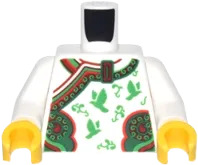 Torso Kimono Robe with Ornate Red and Green Trim, Birds and Flowers Pattern / White Arms / Yellow Hands