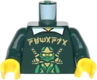 Torso Shirt with Green Ninja and Gold Ninjago Logogram &#39;NEMANJA&#39; over White Shirt with Collar Pattern / Dark Green Arms / Yellow Hands