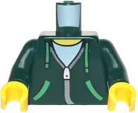 Torso Hoodie with Green Ties and Pockets, Silver Zipper over White Shirt and Hood on Back Pattern / Dark Green Arms / Yellow Hands