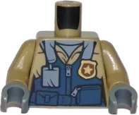 Torso Town Police Flight Suit with Name Tag and Gold Badge Pattern / Dark Tan Arms / Dark Bluish Gray Hands