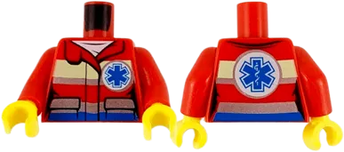 Torso Female Jacket over White Shirt, Safety Stripes, Small EMT Star and EMT Star of Life on Back Pattern / Red Arms / Yellow Hands