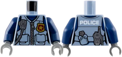 Torso Police Female Jacket with Zipper, Pockets, Gold Badge, Radio and 'POLICE' on Back Pattern / Dark Blue Arms / Dark Bluish Gray Hands