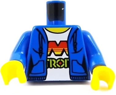 Torso Female Hoodie with Laces and Pockets over White Shirt with M:Tron Logo Pattern / Blue Arms / Yellow Hands