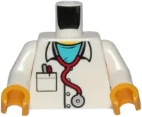 Torso Hospital Lab Coat, Medium Azure Scrubs, Stethoscope, Pocket with Pens Pattern / White Arms / Yellow Hands
