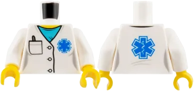 Torso Hospital Lab Coat, Medium Azure Scrubs, Blue EMT Star of Life, Pocket with Pen Pattern / White Arms / Yellow Hands