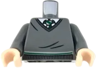 Torso V-Neck Sweater, White Collar, Green and White Tie and Waist Trim &#40;Slytherin&#41; Pattern / Dark Bluish Gray Arms / Light Nougat Hands