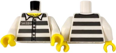 Torso Town Prisoner Number 50380, Dark Bluish Gray Stripes, 6 Buttons, Hairy Chest Pattern / White Arms / Yellow Hands