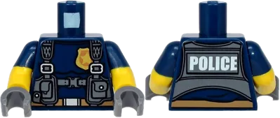 Torso Police with Harness, Gold Star Badge Logo, Belt and 'POLICE' on Back Pattern / Yellow Arms with Molded Dark Blue Short Sleeves Pattern / Dark Bluish Gray Hands