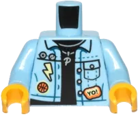 Torso Denim Jacket over Black Shirt with Badges, &#39;YO!&#39;, &#39;POW!&#39; and Silver Necklace with &#39;P&#39; Pendant Pattern / Bright Light Blue Arms / Yellow Hands