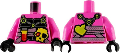 Torso Ninjago Black Breastplate with Silver Straps, Pixelated Flask, Skull, and Heart Pattern / Dark Pink Arms / Black Hands