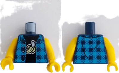 Torso Dark Azure Flannel Shirt Open over Black T-Shirt with White and Bright Light Yellow Peeled Banana Pattern / Yellow Arms / Yellow Hands