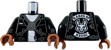Torso Biker Jacket and White Shirt, Silver Chain Crossbelt, 'HARES OF HAVOC' on Back Pattern / Black Arms / Reddish Brown Hands