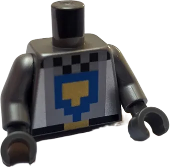 Torso Pixelated Black and Flat Silver with Blue and Pearl Gold Shield Pattern / Flat Silver Arms / Dark Bluish Gray Hands