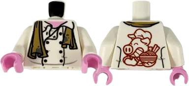 Torso Chef Jacket, Dark Tan Dirty Towel with Dark Bluish Gray Splotches, Dark Red Pigsy Logo on Back Pattern / White Arms / Bright Pink Hands