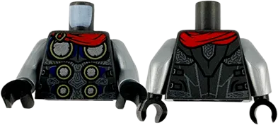 Torso Armor with 6 Metallic Silver Disks with Gold Edge, Red Cape and Detailed Back Pattern / Flat Silver Arms / Black Hands