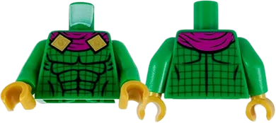 Torso Magenta Scarf with Gold Clasps, Black Muscle Contours, and Dark Green Grid Lines Pattern / Green Arms / Pearl Gold Hands
