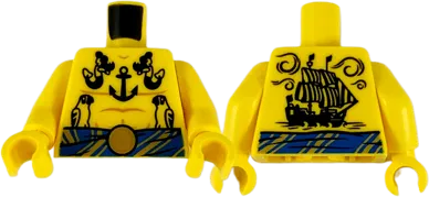 Torso Bare Chest Muscles Outline and Parrots, Mermaids and Anchor Tattoos with Blue Belt Pattern / Yellow Arms / Yellow Hands
