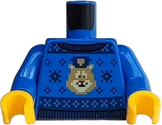 Torso Police Christmas Sweater with Knitted Teddy Bear, Dark Blue Snowflakes and Black Ribbing Pattern / Blue Arms / Yellow Hands
