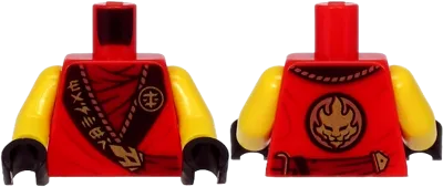 Torso Ninjago Robe, Dark Red Shirt, Wide Black Hems with Gold Characters and Dragon Pattern / Yellow Arms / Black Hands
