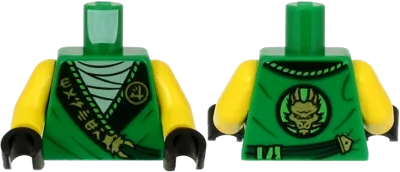 Torso Tunic, White Shirt, Wide Black Hems with Gold Ninjago Logogram &#39;MASTER&#39; and Dragon Pattern / Yellow Arms / Black Hands