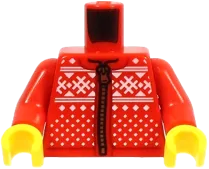Torso Winter Jacket with Zipper and Knitted White Hashmarks, Triangles, Lines and Squares Pattern / Red Arms / Yellow Hands