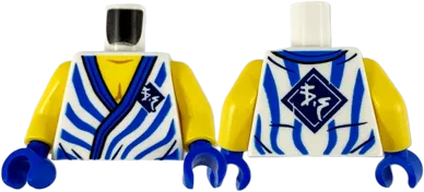 Torso Tunic, Yellow Chest, Blue Hem, Stripes and Ninjago Logogram &#39;VS&#39; in Dark Blue Diamond Pattern / Yellow Arms / Blue Hands