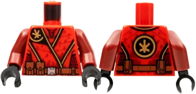 Torso Tunic, Gold Ninjago Logogram &#39;K&#39;, Dark Red Mesh, Reddish Brown Belt Pattern / Dark Red Arms / Black Hands