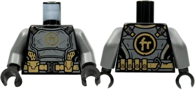 Torso Dark Bluish Gray Breastplate, Gold Ninjago Logogram 'C', Dark Tan Utility Belt Mesh Pattern / Dark Bluish Gray Arms / Black Hands