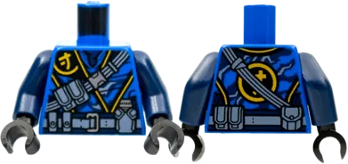 Torso Tunic, Yellow Ninjago Logogram &#39;J&#39;, Dark Bluish Gray Belts and Pouches Pattern / Dark Blue Arms / Black Hands