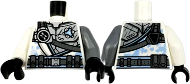 Torso Armor Silver with Ninjago Logogram 'Z', Dark Bluish Gray Strap and Utility Belt Pattern / Flat Silver Arm Left / White Arm Right / Black Hands