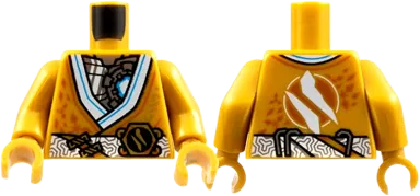 Torso Tunic, White Hems and Belt, Silver Chest with Dark Azure Light, Ninjago Logogram &#39;Z&#39; Pattern / Pearl Gold Arms / Pearl Gold Hands