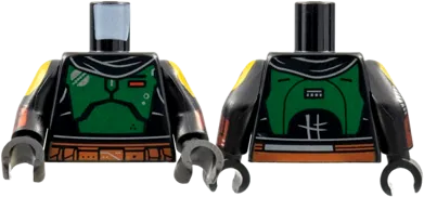 Torso SW Armor, Black Scarf, Green Breastplate, Dark Orange Belt Pattern / Black Arms with Mandalorian Armor Pattern / Black Hands
