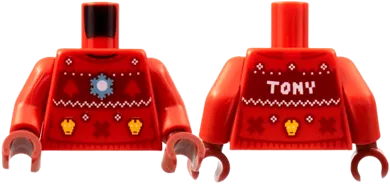 Torso Iron Man Ugly Christmas Sweater with Knitted White Zigzag and Snowflake, &#39;TONY&#39; on Back Pattern / Red Arms / Dark Red Hands