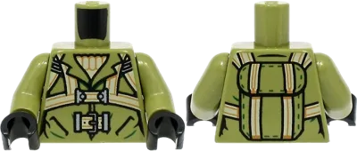 Torso Jacket over Tan Sweater, Harness and Belt with Buckle, Parachute Pack on Back Pattern / Olive Green Arms / Black Hands