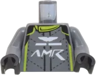 Torso Race Suit with &#39;AMR&#39; Aston Martin Logo, Lime Collar and Stripes Pattern / Dark Bluish Gray Arms / Black Hands