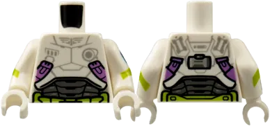 Torso Armor, Light Bluish Gray Star Command Logo, Medium Lavender and Lime Trim Pattern / White Arms with Badge and Lime Stripe Pattern / White Hands