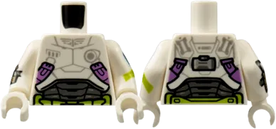 Torso Armor, Light Bluish Gray Star Command Logo, Medium Lavender and Lime Trim Pattern / White Arms with Badge, Cuff Weapon, Lime Stripe Pattern / White Hands