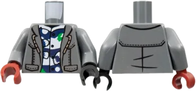 Torso Jacket Open over Dark Blue and White Shirt Pattern / Dark Bluish Gray Arms / Black Hand Left / Dark Red Hand Right