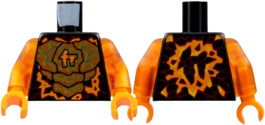 Torso Orange and Gold Energy, Ninjago Logogram 'C', Red Rimmed Lava Stone Spots Pattern / Trans-Orange Arms / Orange Hands