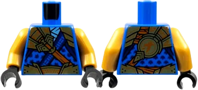 Torso Tunic with Dark Blue Trim, Gold Armor, Dark Orange Strap and Ninjago Logogram &#39;J&#39; on Back Pattern / Pearl Gold Arms / Black Hands