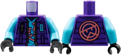 Torso Jacket with Medium Azure Name Badge Ninjago Logogram &#39;LN&#39;, Coral Stylized Wu on Back Pattern / Medium Azure Arms / Black Hands