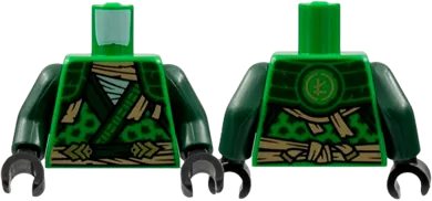 Torso Tunic, Dark Green Hems and Shoulder Pads, Tan Tattered Scarf and Sash, Gold Ninjago Logogram 'L' on Back Pattern / Dark Green Arms / Black Hands