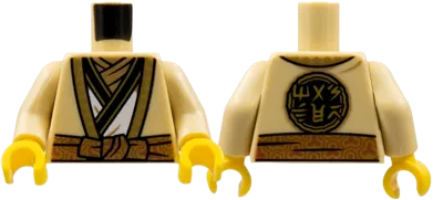 Torso Robe with Gold Hems, White Tunic, Dark Tan Scarf, Copper Sash, Ninjago Logogram &#39;MASTER&#39; on Back Pattern / Tan Arms / Yellow Hands
