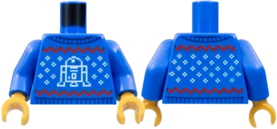 Torso SW Christmas Sweater, Knitted Red Zigzags, White Snowflakes and R2-D2 Pattern / Blue Arms / Pearl Gold Hands