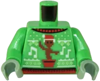 Torso Holiday Sweater with Reddish Brown Baby Groot Wearing Red Santa Hat and White Music Notes Pattern / Bright Green Arms / Sand Green Hands