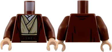 Torso Jedi Robe and Sash, Tan Tunic, White Shirt, Silver Buckle Pattern / Reddish Brown Arms / Light Nougat Hands