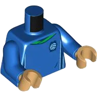 Torso Soccer Uniform, Bright Green Collar, White and Dark Blue Side Stripes, Soccer Ball on Brick Logo Pattern / Blue Arms / Medium Tan Hands
